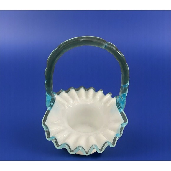 Fenton Other - Fenton Basket Aqua Blue Crest Milk Glass‎ Ruffle Edge Bamboo Handle Top Hat VTG